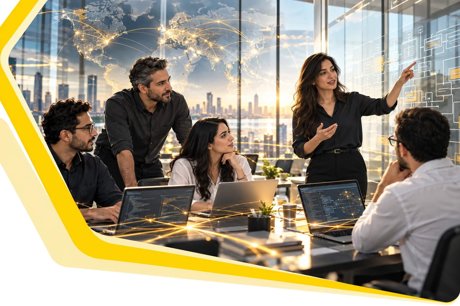 ASAL engineers collaborating on a global technology solution in a connected workspace framed by the ASAL hexagon