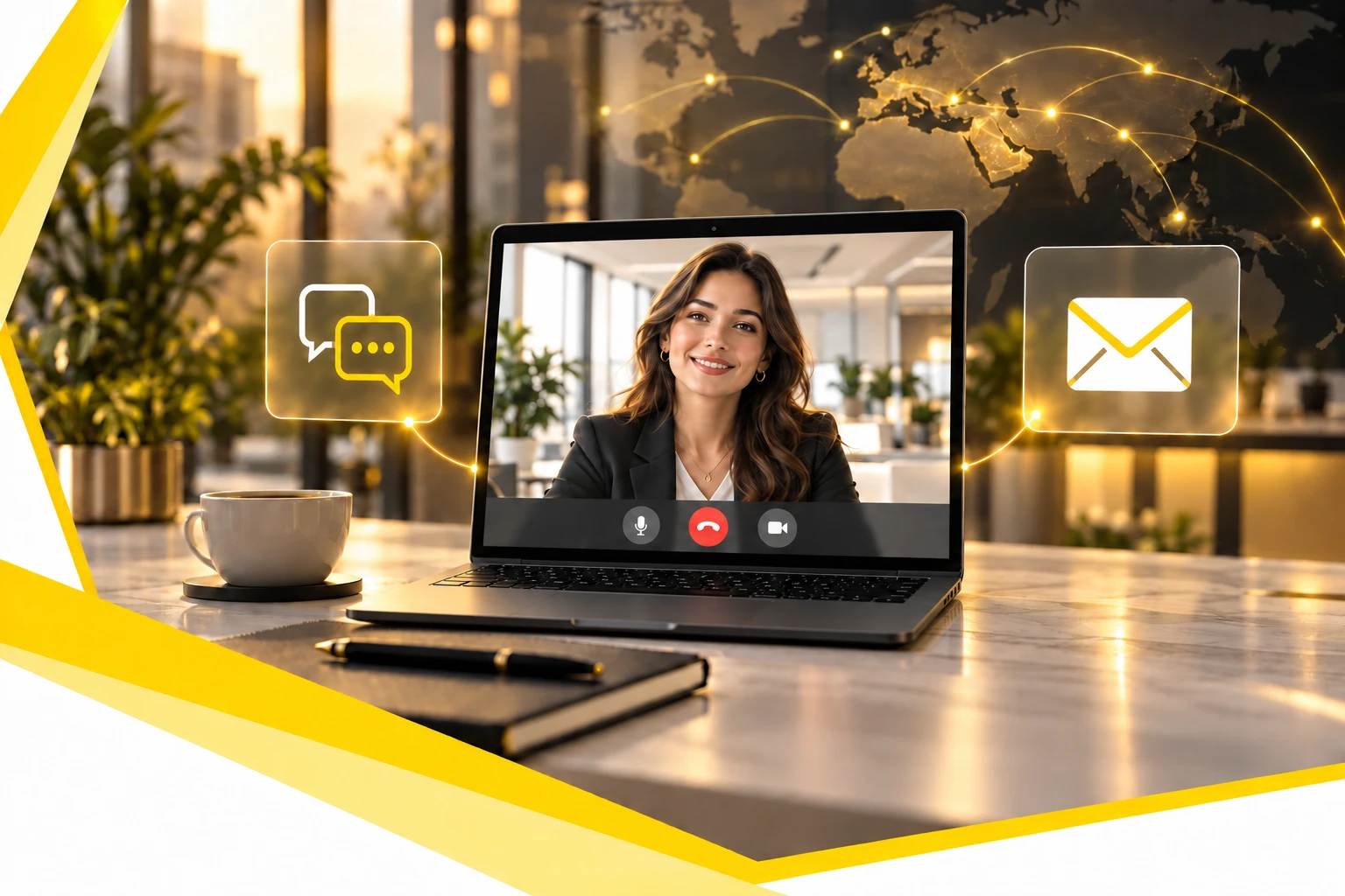 Video call with an ASAL specialist on a laptop, flanked by email and chat icons, set against a glowing global network map